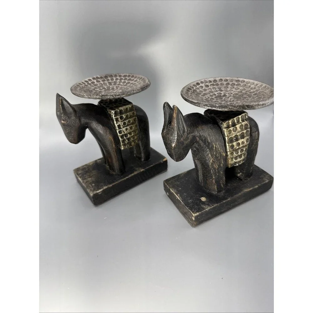 Handcrafted Wooden Donkey Incense/Candle Holder With Textured Metal Plate 4.75